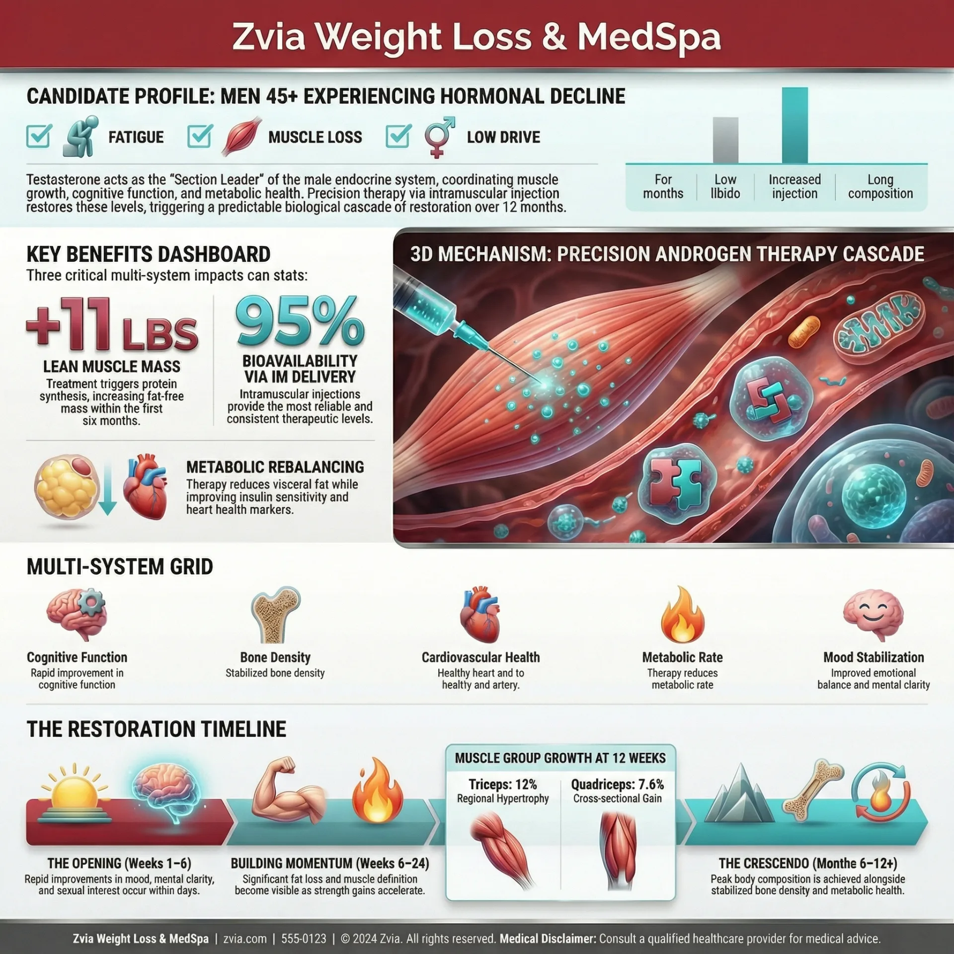 Testosterone treatment overview — benefits, dosing, and clinical protocol infographic
